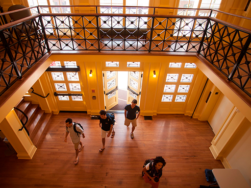 Students walking through front of Garrett Hall - Interior