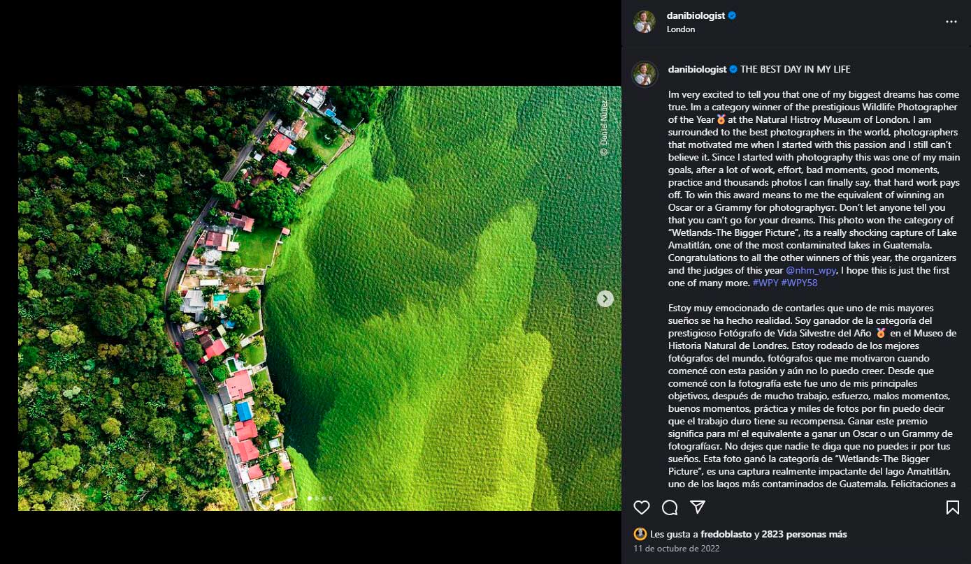 Fotografía del Lago de Amatitlán tomada desde arriba con un dron donde expone la cianobacteria del lago.