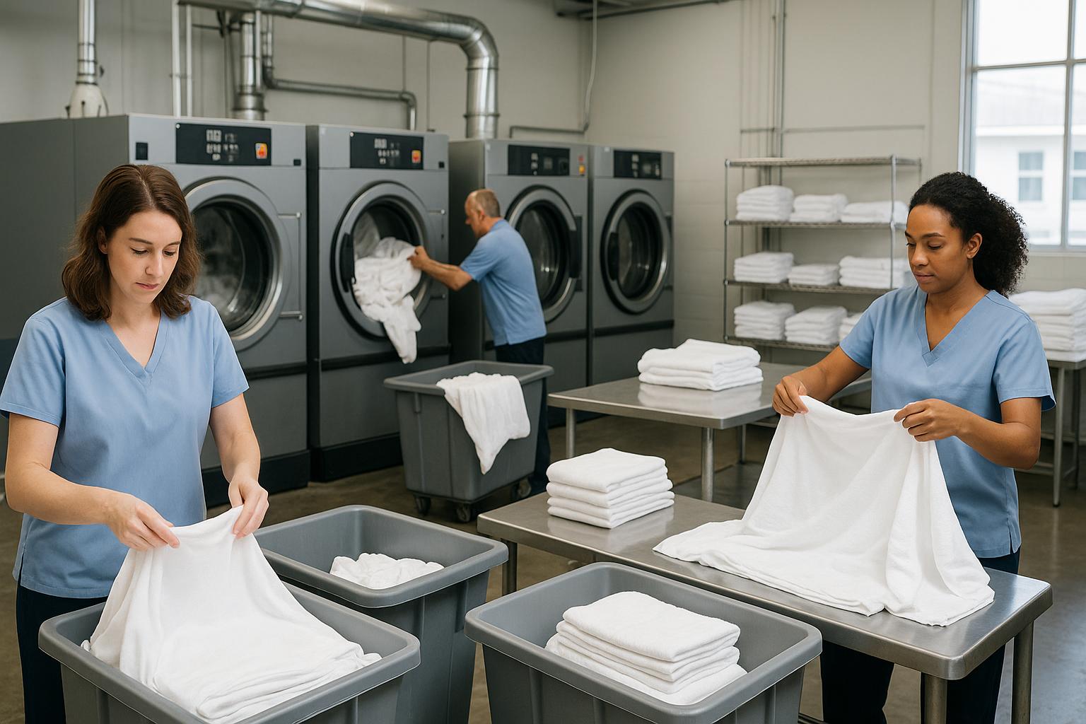 Commercial laundry worker folding clean linen in a professional laundry facility