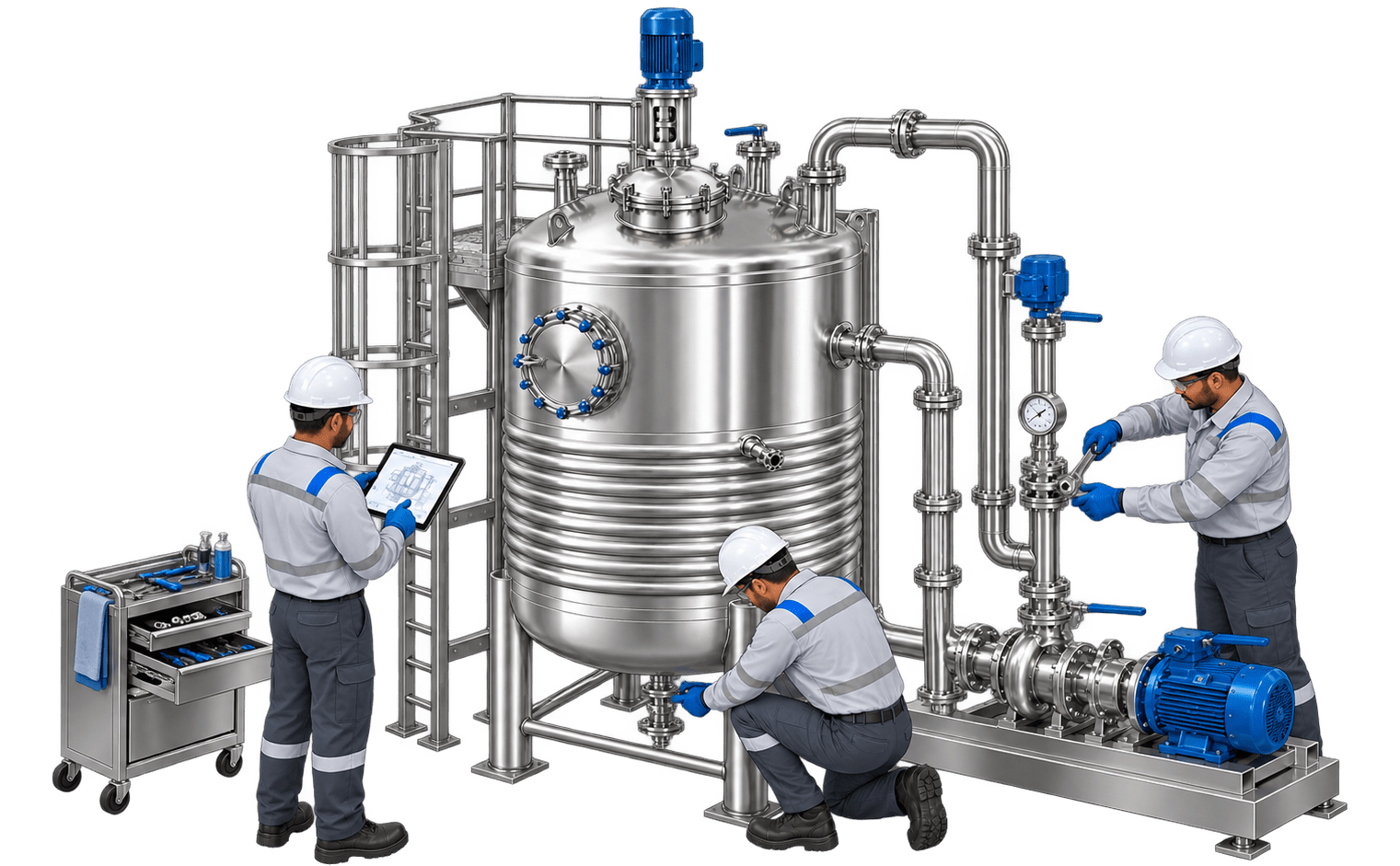 Technicians connecting and checking process piping and a pump skid beside a jacketed vessel