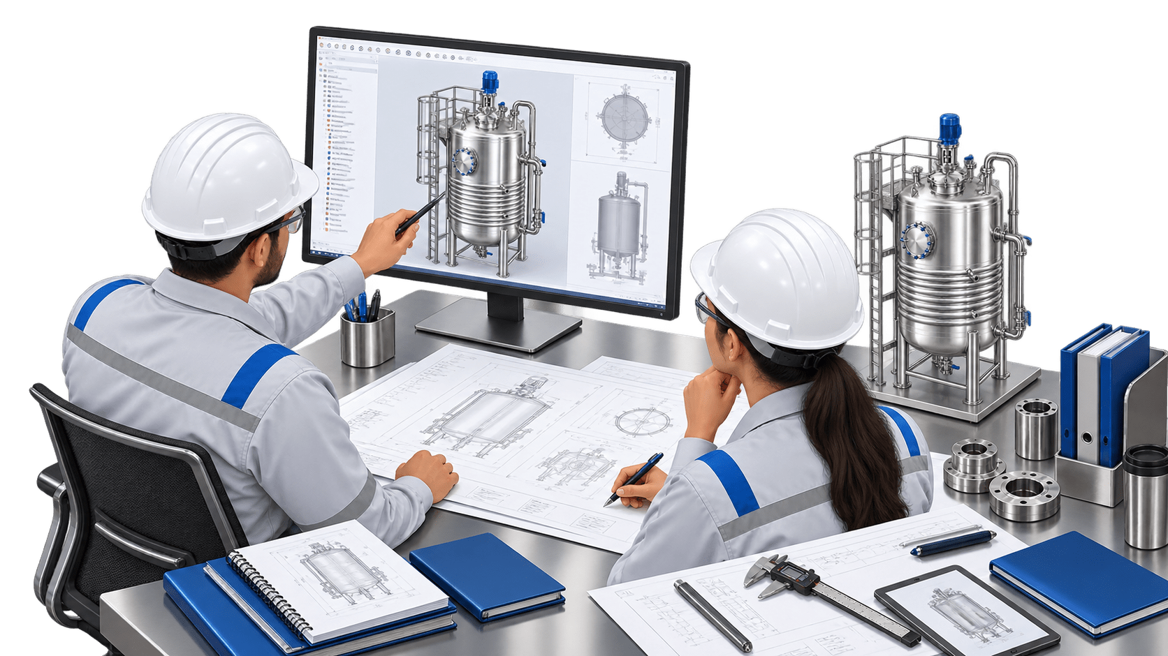 MAC Engineers design engineers reviewing a process vessel 3D model and fabrication drawings