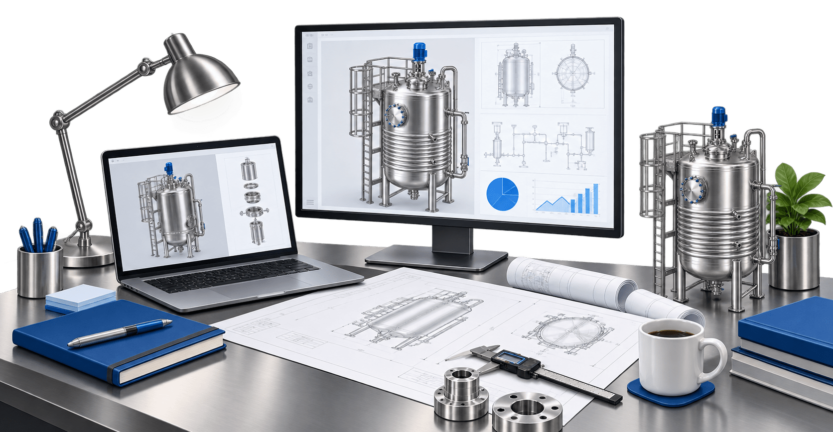 Engineering workstation with process vessel models, plant layout drawings and design tools