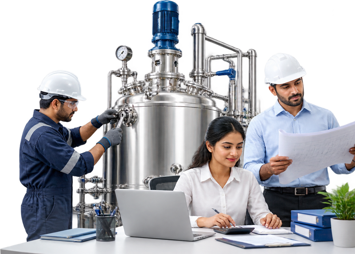 MAC Engineers team: a technician servicing a stainless steel reactor, an accountant at her desk and a site engineer reviewing drawings