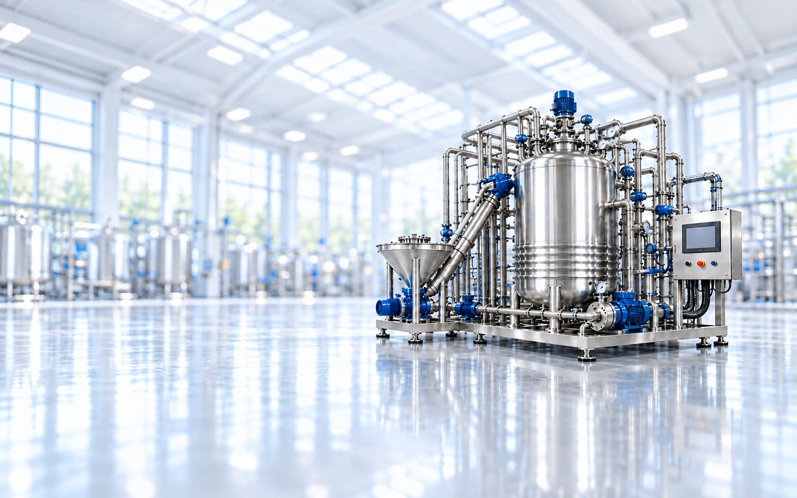MAC Engineers turnkey process system installed in a bright stainless steel process plant: powder hopper and screw conveyor feeding a jacketed reactor, with pumps, process piping and a PLC control panel