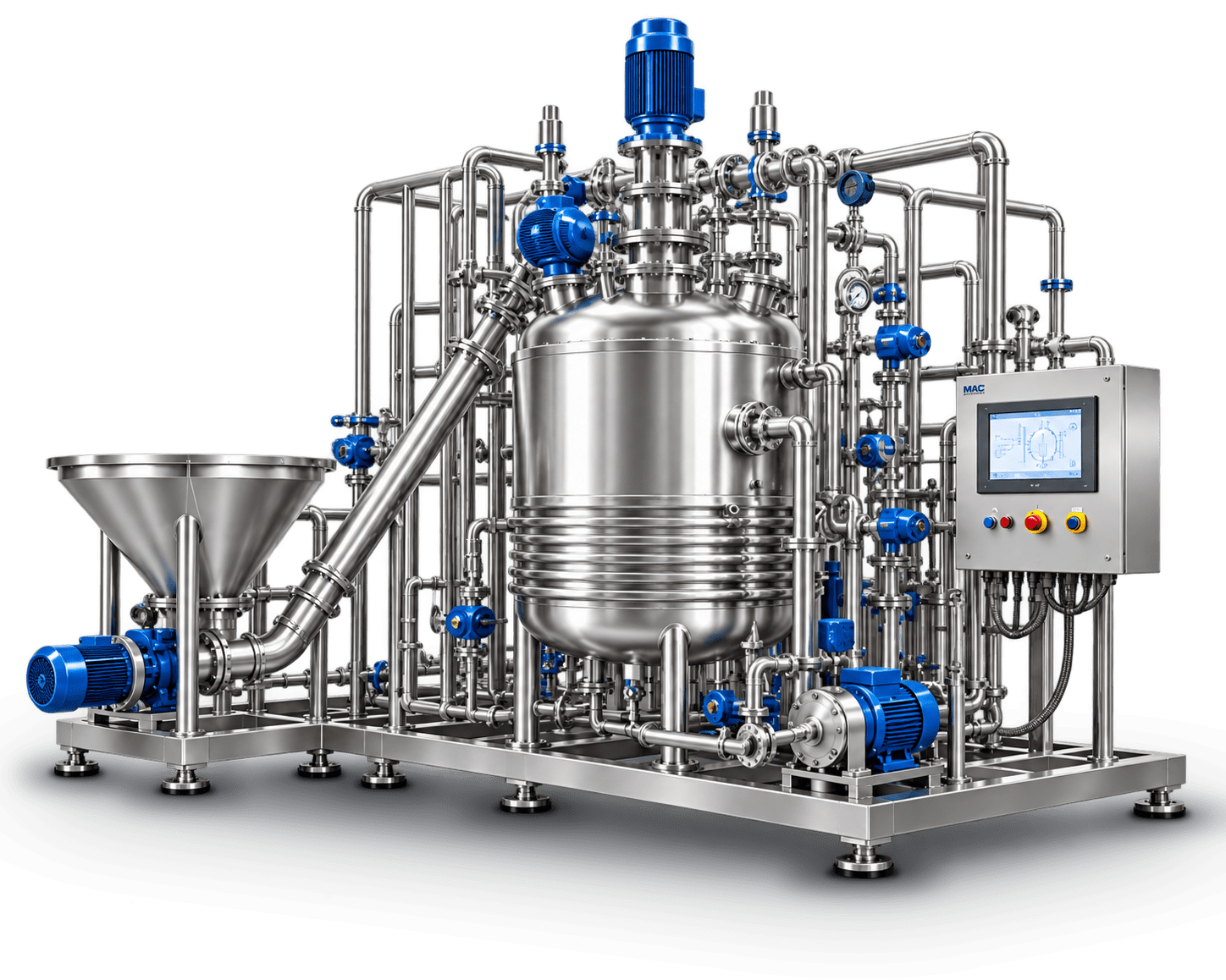 Turnkey stainless steel process system by MAC Engineers: powder hopper and screw conveyor feeding a jacketed reactor, with pump skid, process piping and PLC control panel on one integrated base frame