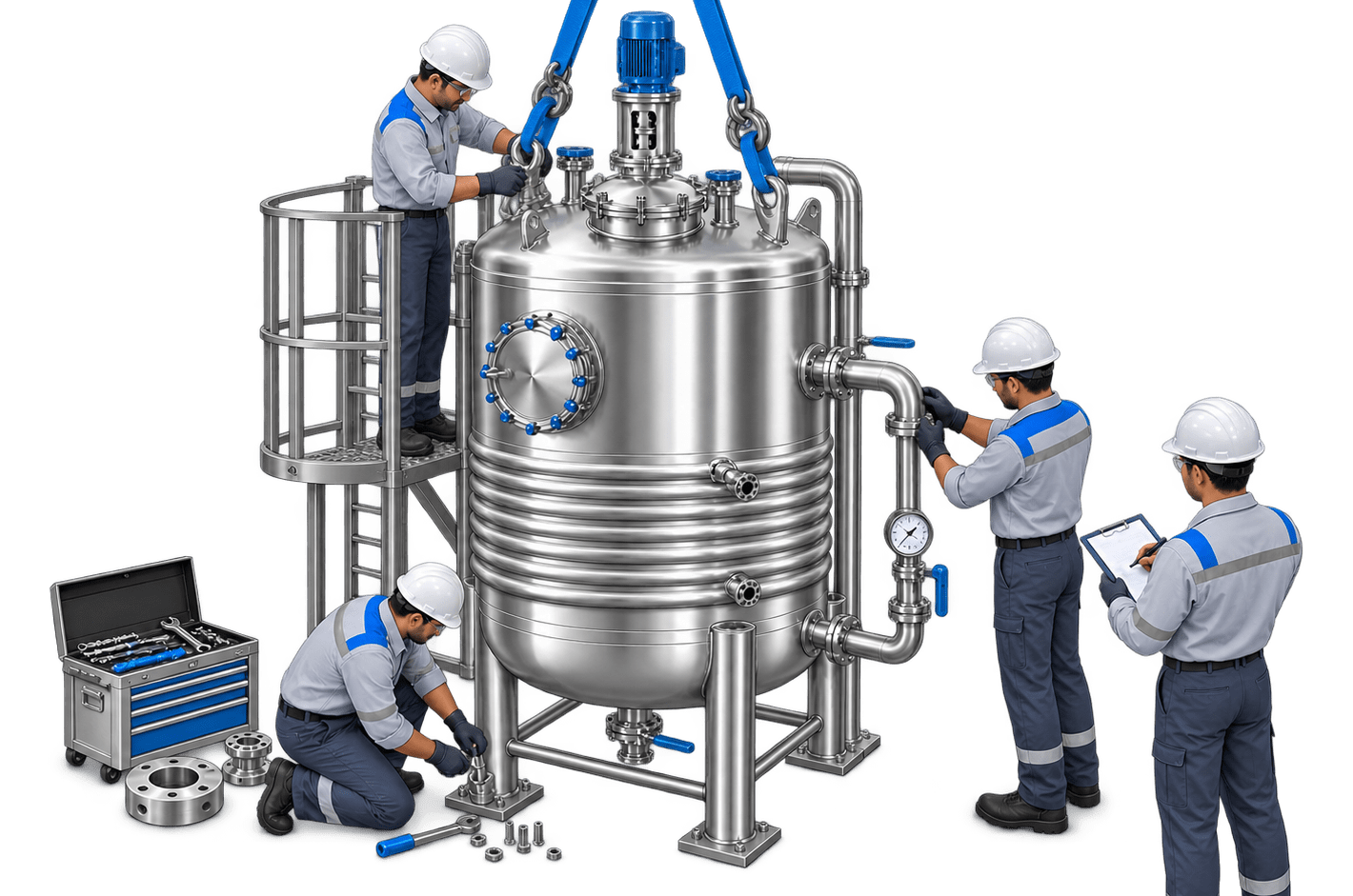 Site crew rigging and erecting a stainless steel process vessel with a crane