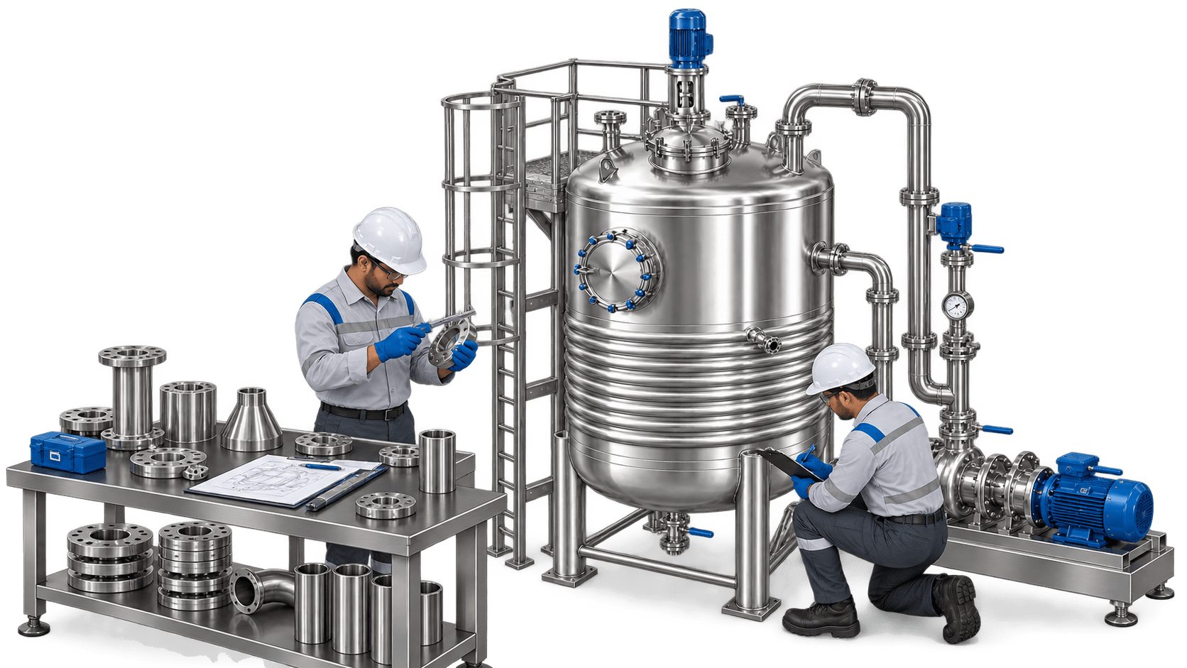 MAC Engineers engineer inspecting fabricated components and test records beside a finished vessel