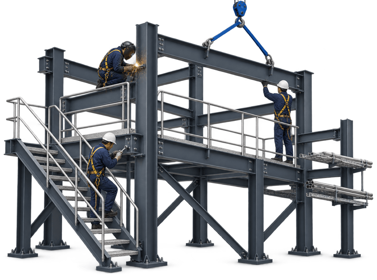 Crew erecting a structural steel platform: a welder at a beam joint, a fitter bolting a connection and a rigger guiding a beam from a crane hook
