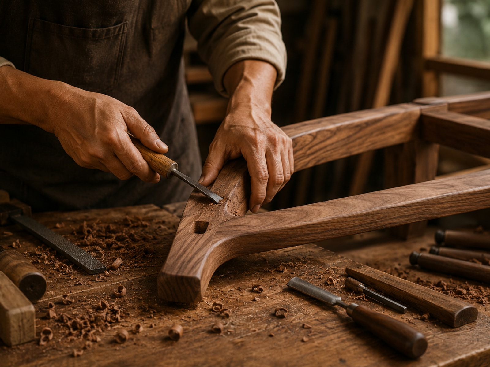 Craftsman shaping wood with a hand plane at the workbench