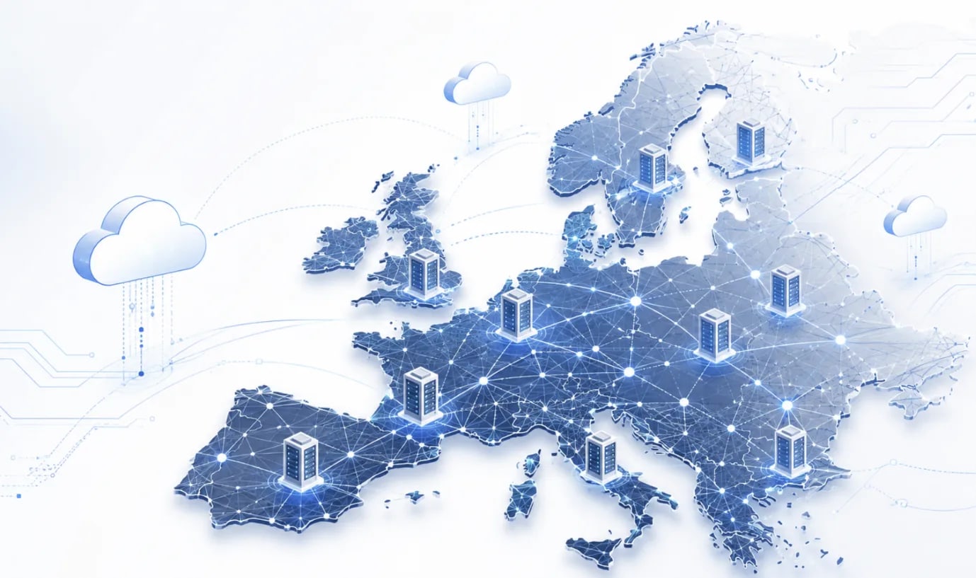 European cloud infrastructure and data center network illustration