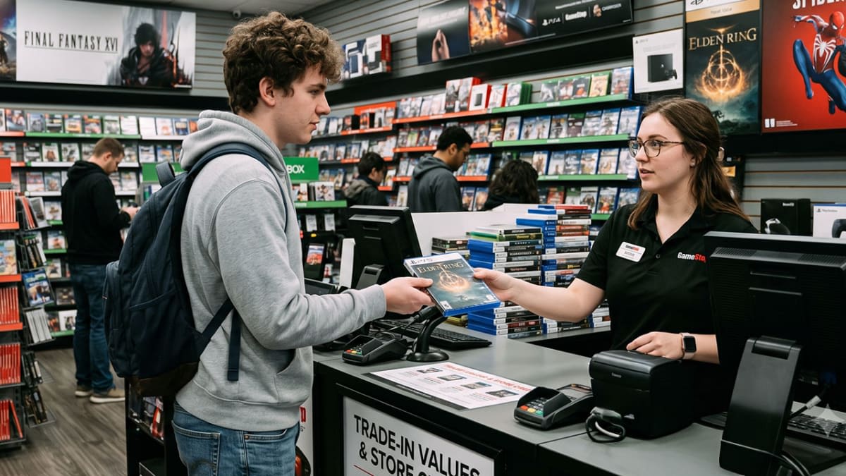 A customer hands a PlayStation disc across a game store trade-in counter lined with shelves of physical games