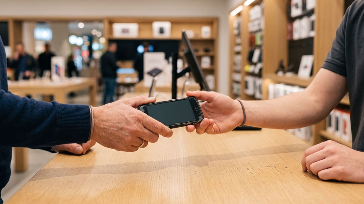 A person handing over an old smartphone at an electronics store counter to trade it in