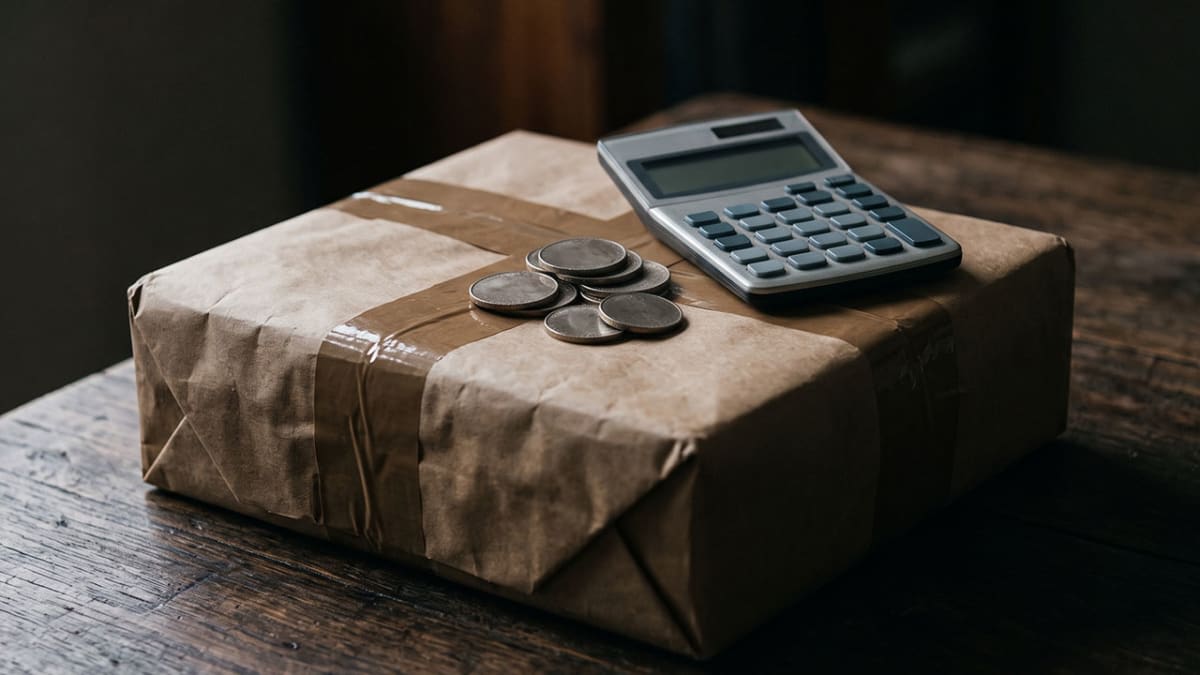 Brown paper shipping parcel with coins and a calculator on top, illustrating GST and border levy costs on tech imported into NZ