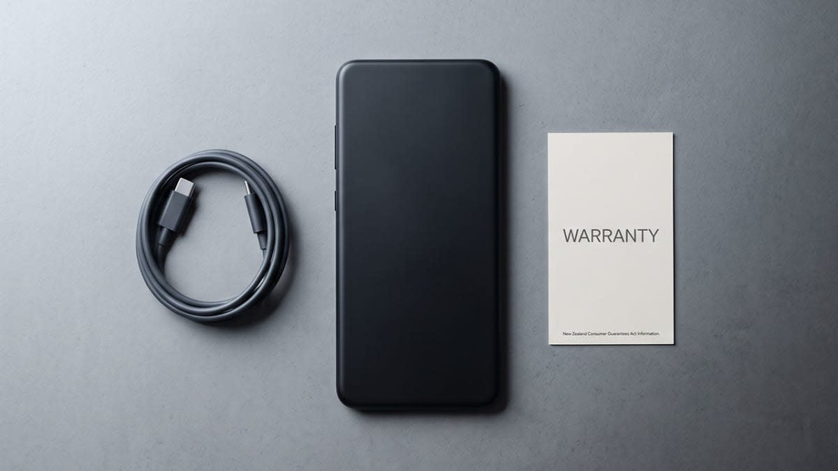 Generic smartphone face-down beside a blank warranty card and charging cable, half in shadow, illustrating warranty gaps on parallel imported devices