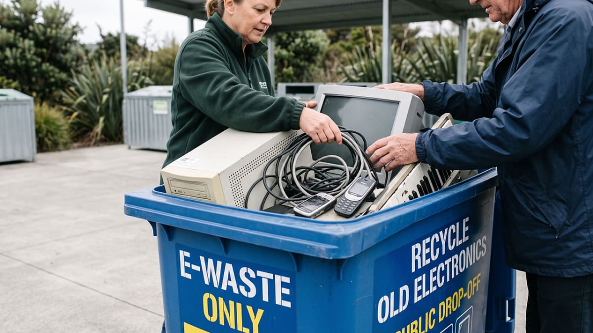 Old electronics being dropped into a free e-waste recycling bin