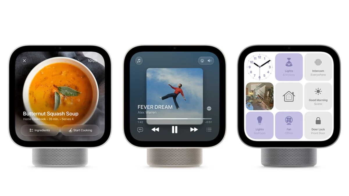 Three Apple HomeView displays showing a recipe in cooking mode, Apple Music playback and the Home app control grid