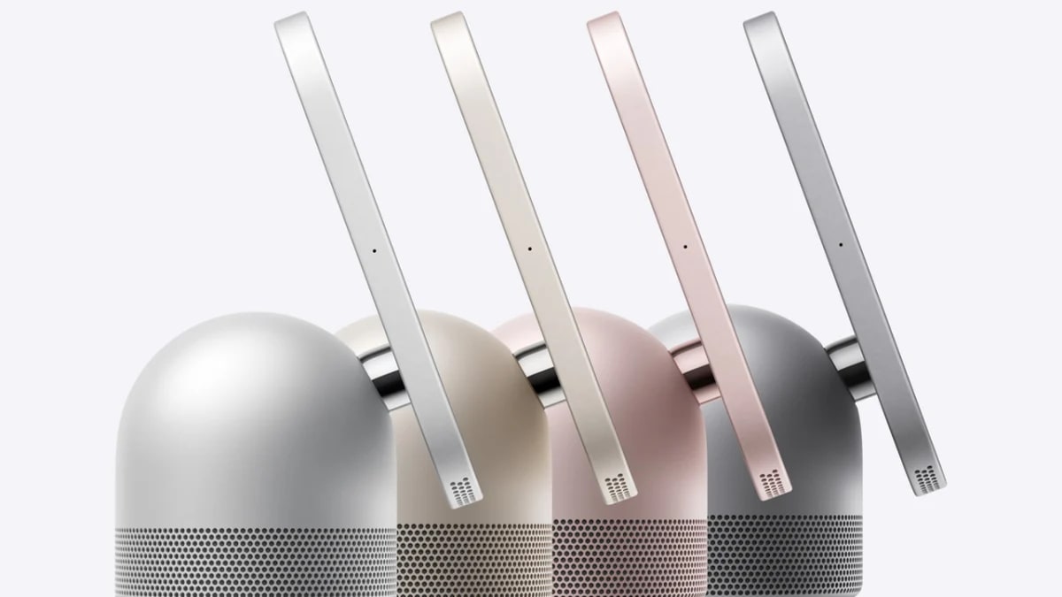 Side view of Apple HomeView in silver, starlight, rose pink and space grey showing the domed speaker base and adjustable hinge
