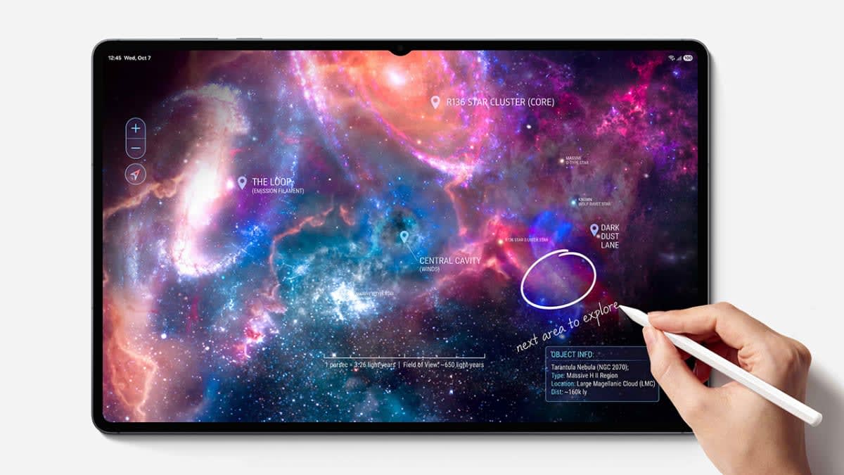 Galaxy Tab S12 AMOLED display showing a nebula map with handwritten S Pen notes