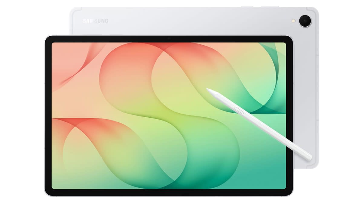 Galaxy Tab S12+ front and back view in Silver with the S Pen resting on the screen