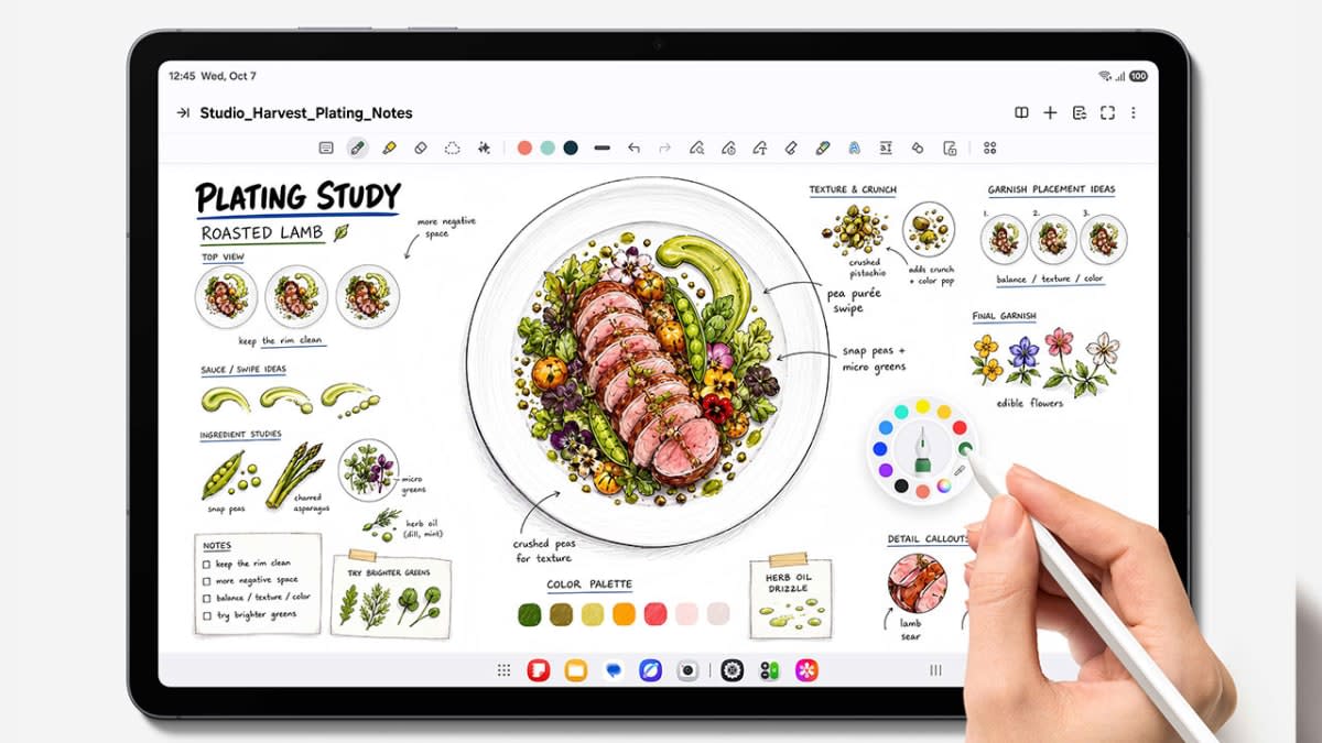 Galaxy Tab S12 with the S Pen being used to sketch and annotate a plating study in a notes app
