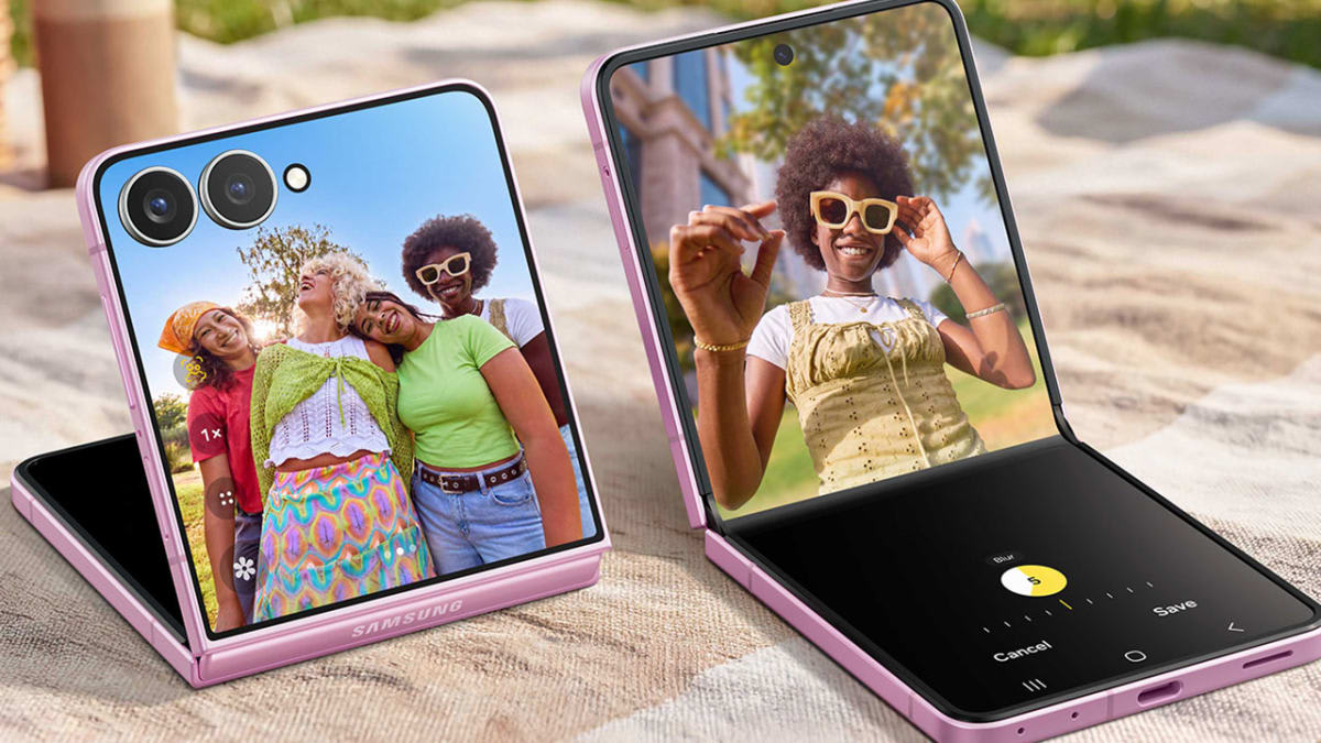 Two Galaxy Z Flip8 handsets standing folded in tent mode taking photos with FlexCam