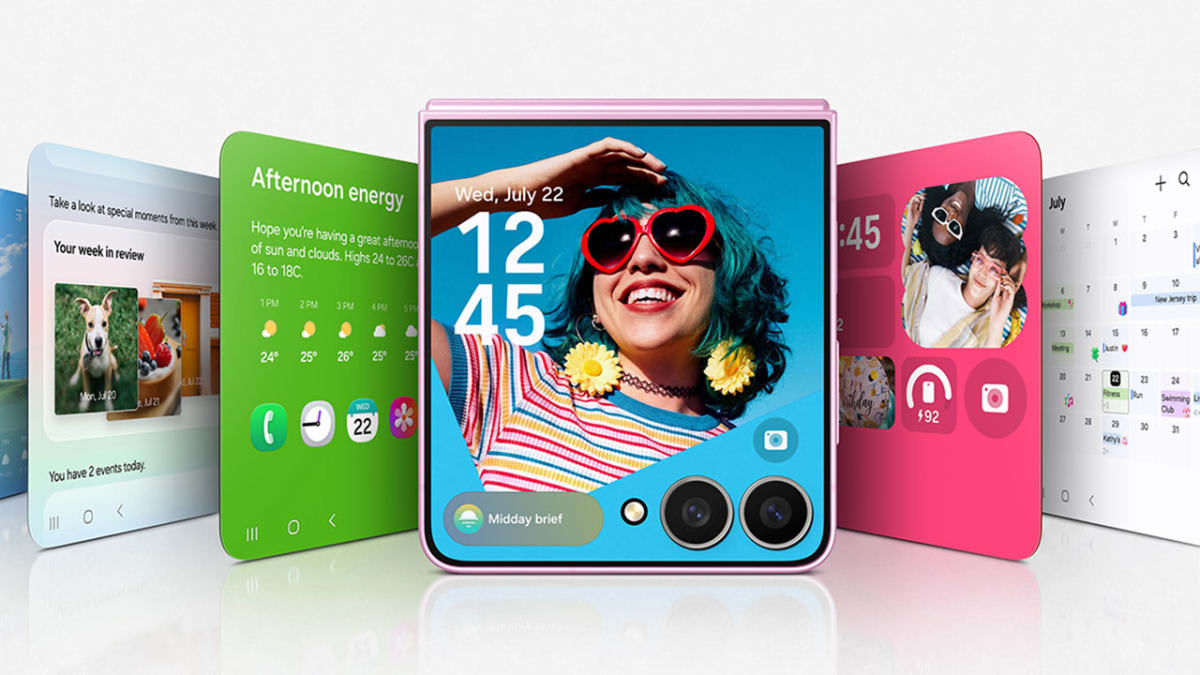 Galaxy Z Flip8 cover screen showing FlexWindow widgets including Now Brief, weather and clock