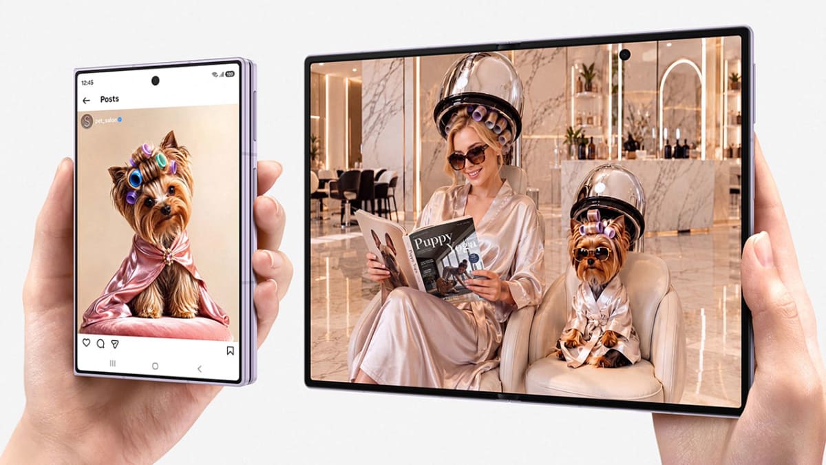 Galaxy Z Fold8 folded showing its 5.5-inch cover screen next to the same phone open on the wide 7.6-inch main screen