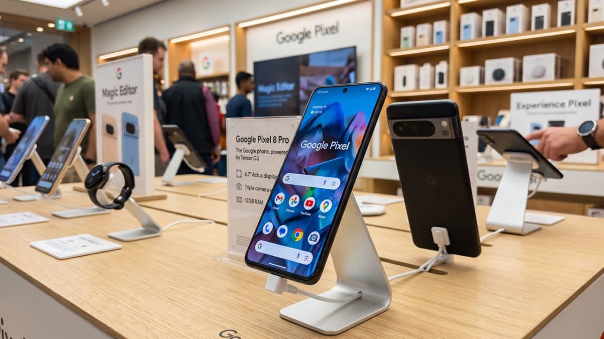 A Google Pixel phone in a store representing what we don't have in New Zealand. We have to parallel import it.
