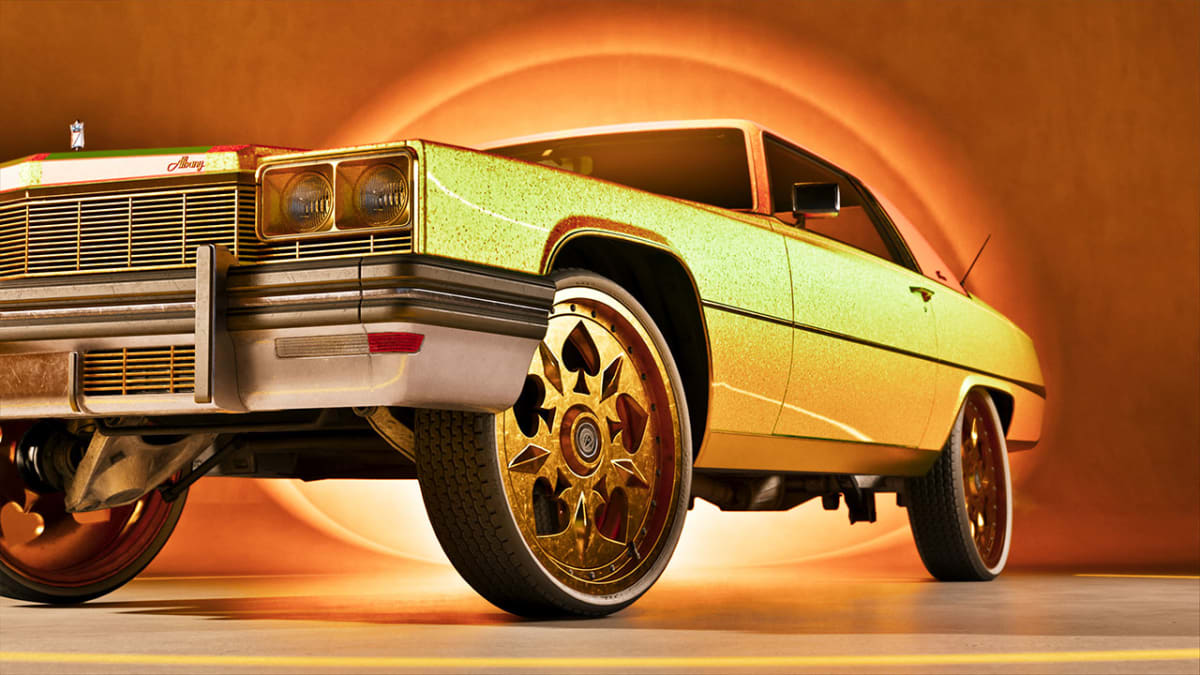 A gold Albany lowrider with spade pattern wheels in GTA 6