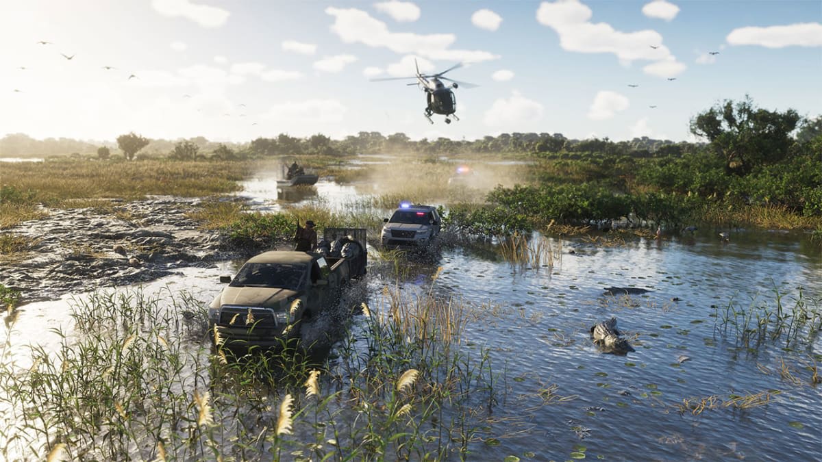 A pickup truck flees police through swamp water in GTA 6, chased by a helicopter and an airboat as an alligator watches