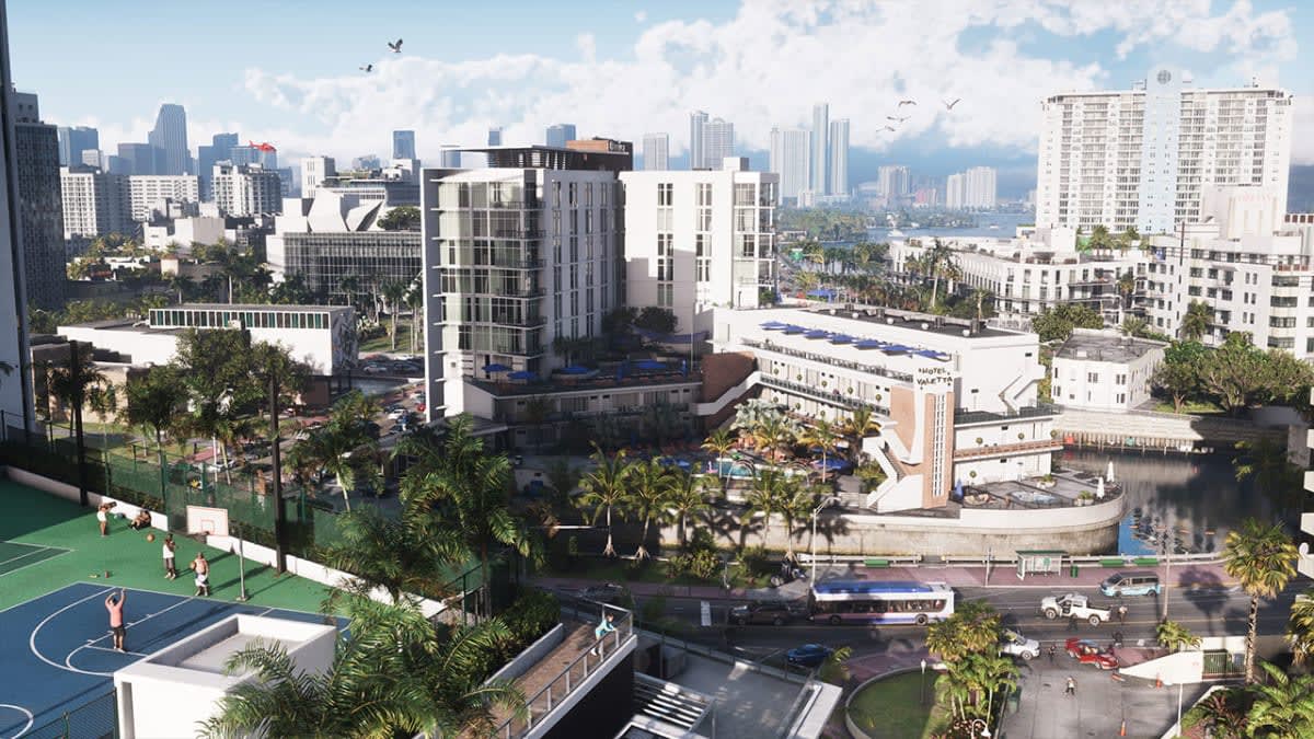 Aerial view of Vice City in GTA 6, with a rooftop basketball court, Hotel Valetta, palm trees and the downtown skyline