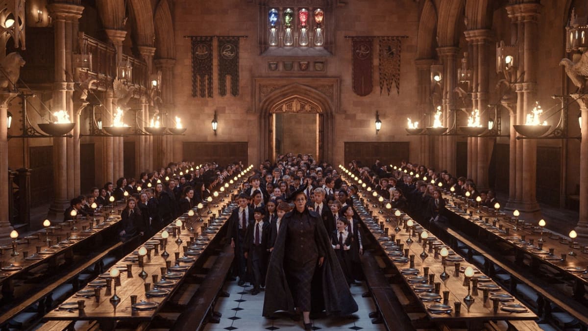 Students walk through the candlelit Great Hall at Hogwarts in HBO's Harry Potter series, streaming on HBO Max in New Zealand