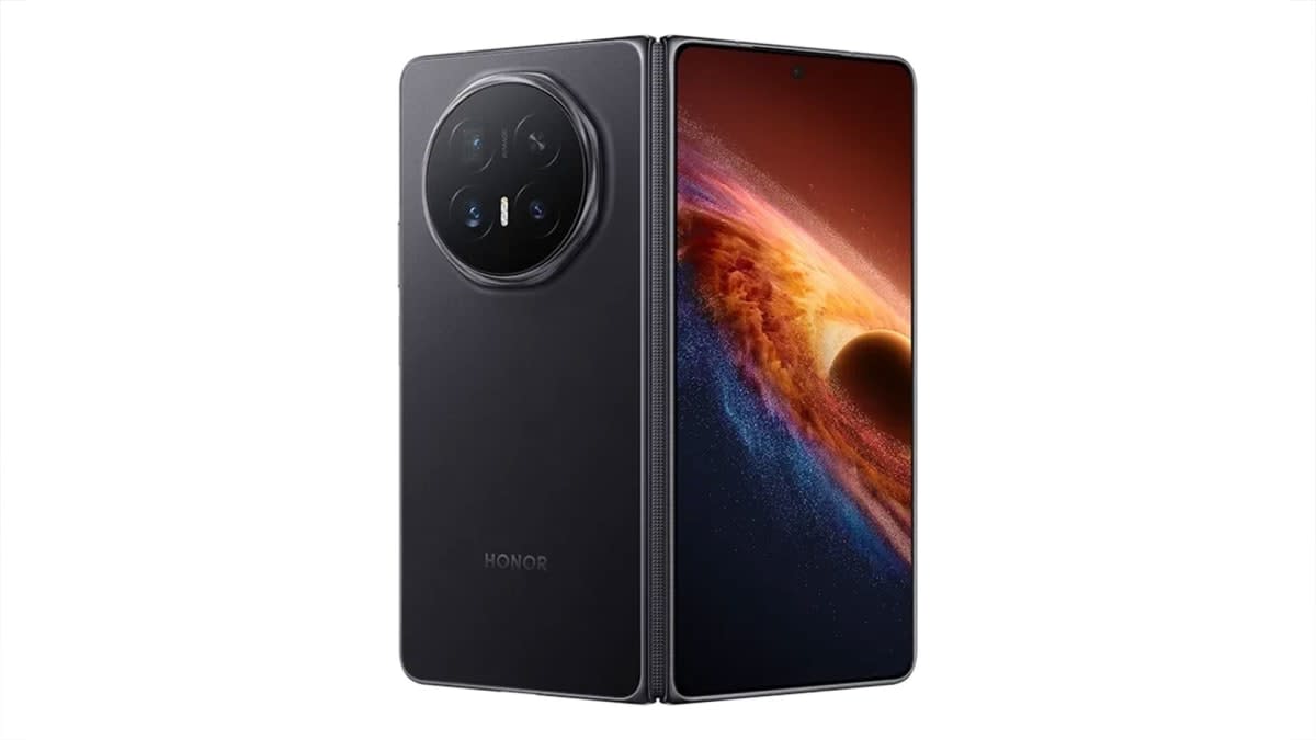 Honor Magic V6 foldable phone in black, shown from the back and unfolded