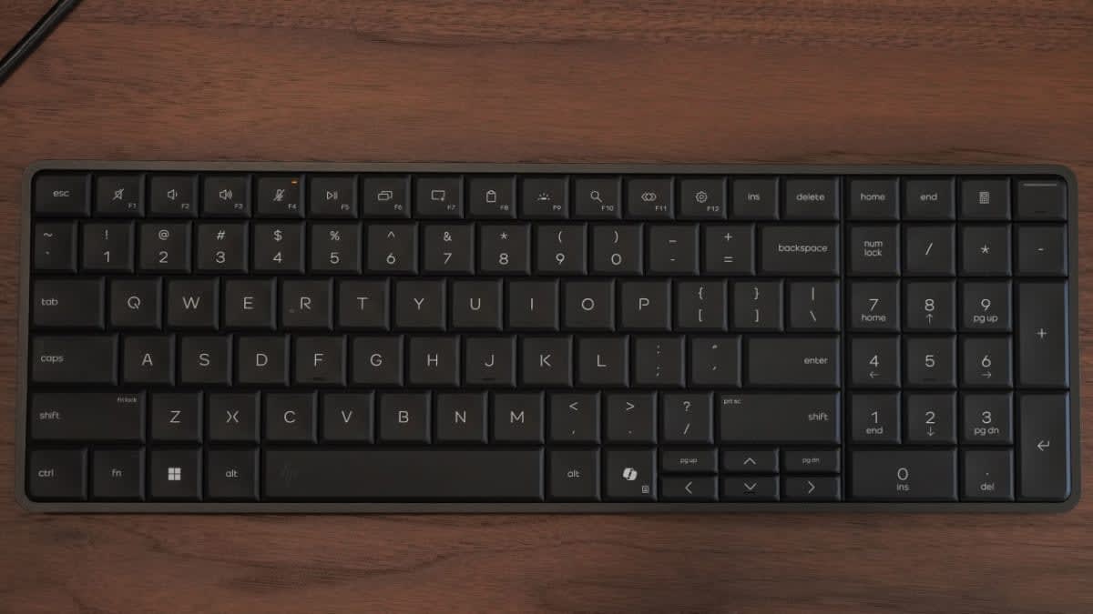 Top-down view of the HP EliteBoard G1a showing the full-size layout with number pad and function row