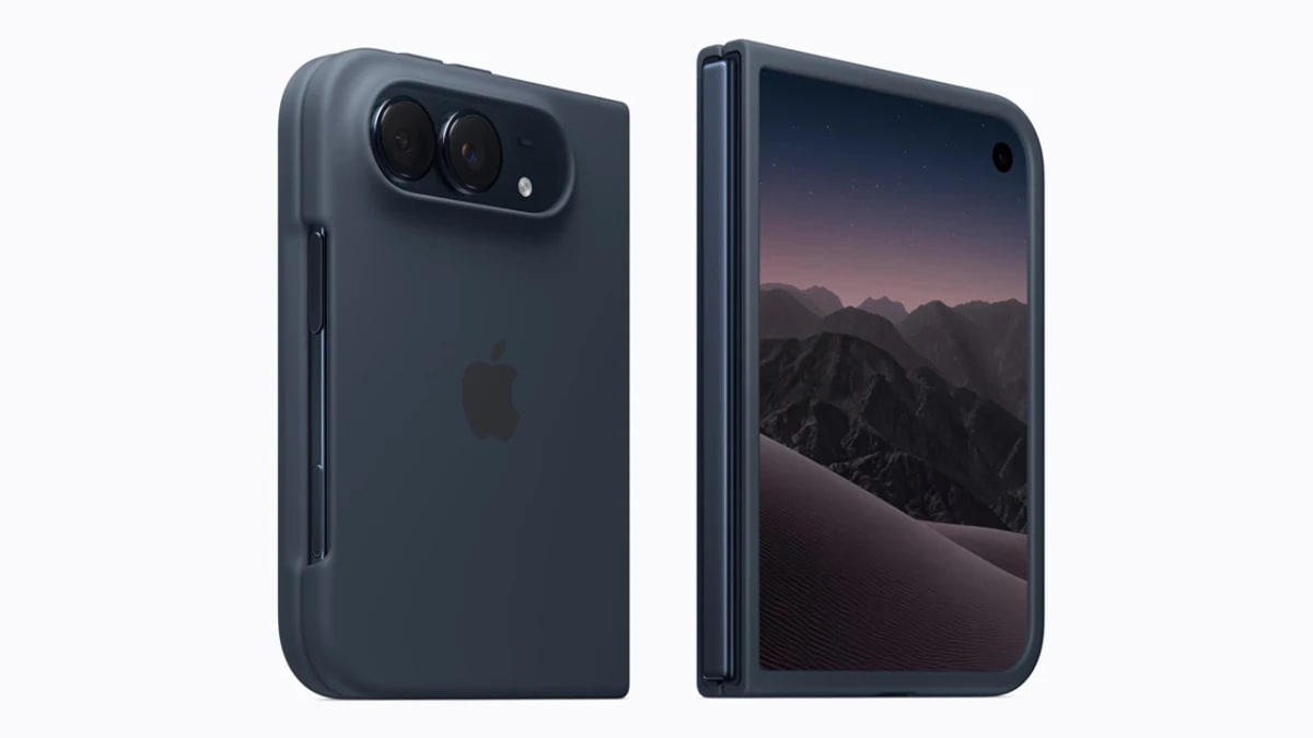 The iPhone Duo Case in navy blue shown from the back and open on its hinge