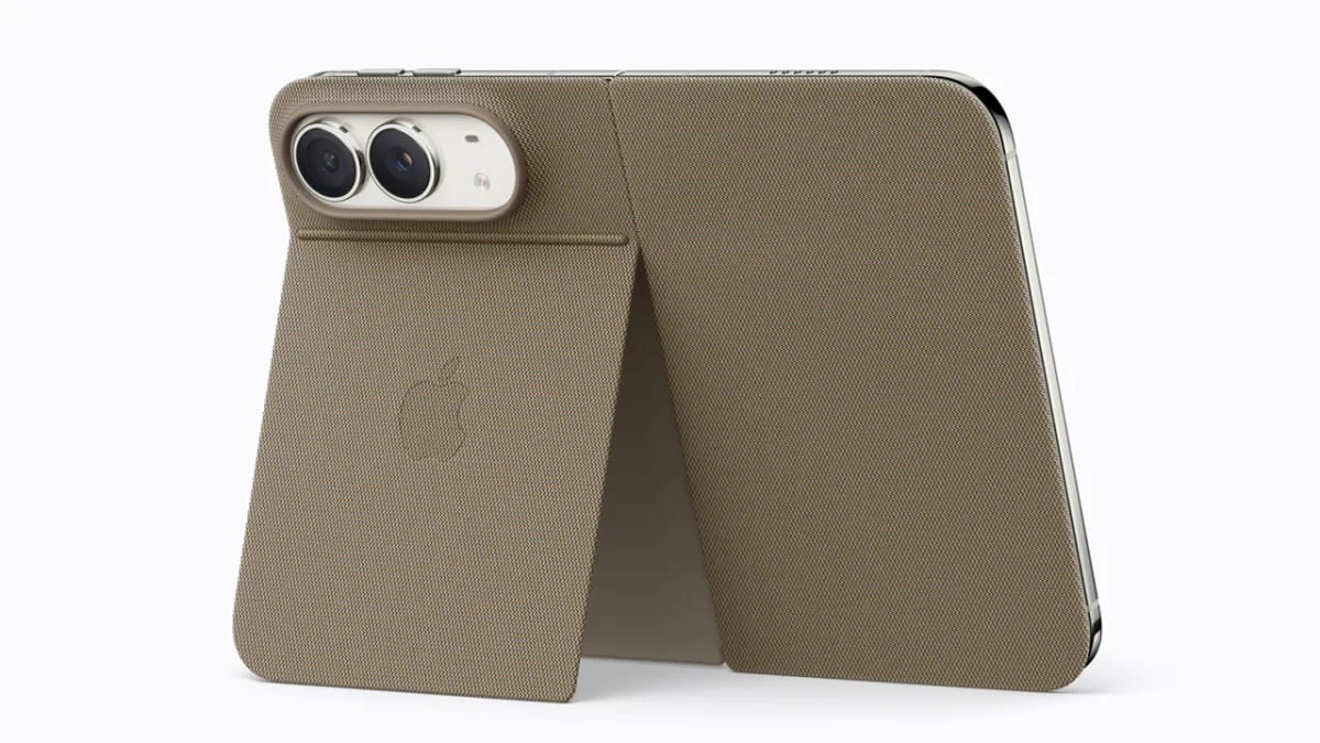 The iPhone Duo in the taupe Folio with Kickstand, propped up with the 48MP dual camera showing