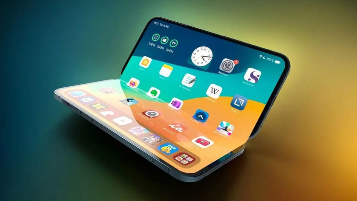 Foldable iPhone concept part folded at an angle, showing the crease across the inner display