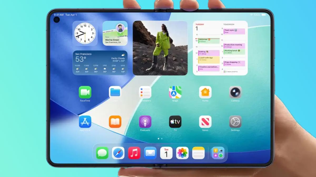 Foldable iPhone concept shown unfolded in two hands with widgets and apps on the inner screen
