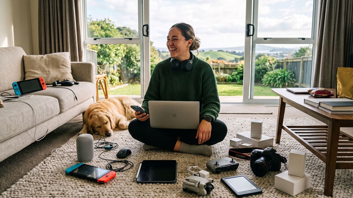 A Kiwi woman sitting in a New Zealand home surrounded by a variety of consumer tech products