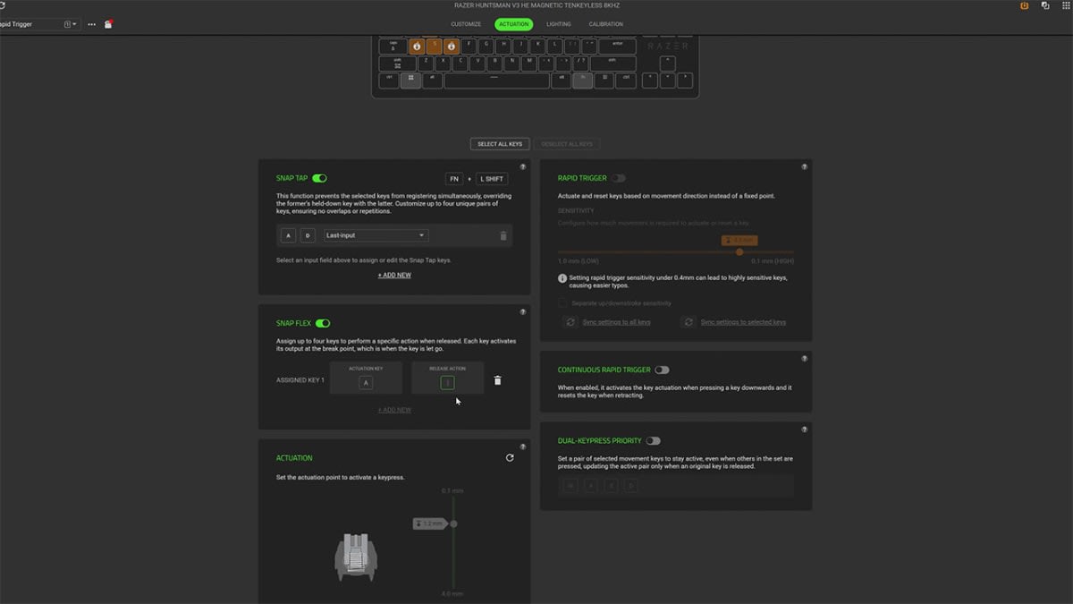 Razer Synapse actuation page for the Huntsman V3 HE Magnetic Tenkeyless 8KHz, showing Snap Tap, Snap Flex, Rapid Trigger and Dual-Keypress Priority.