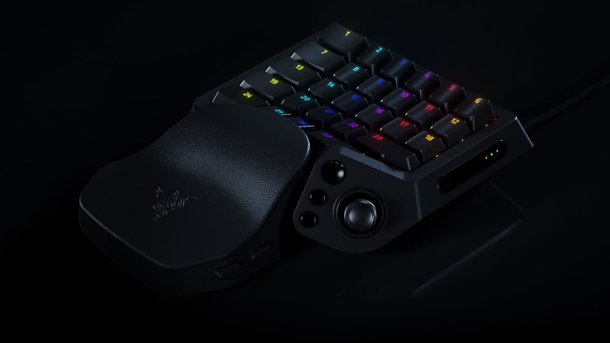 Razer Tartarus V2 Pro gaming keypad on a black background, showing its numbered keys, thumbstick and wrist rest