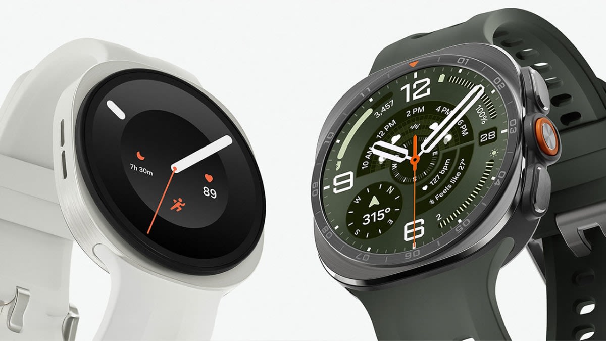 Samsung Galaxy Watch9 with a white band beside the Galaxy Watch Ultra2 in Titanium Grey on a green band, showing a trail running watch face