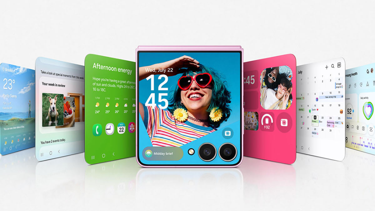 Galaxy Z Flip8 in Pink showing the FlexWindow cover screen, with Now Brief cards for weather, calendar and daily activity fanned out behind it