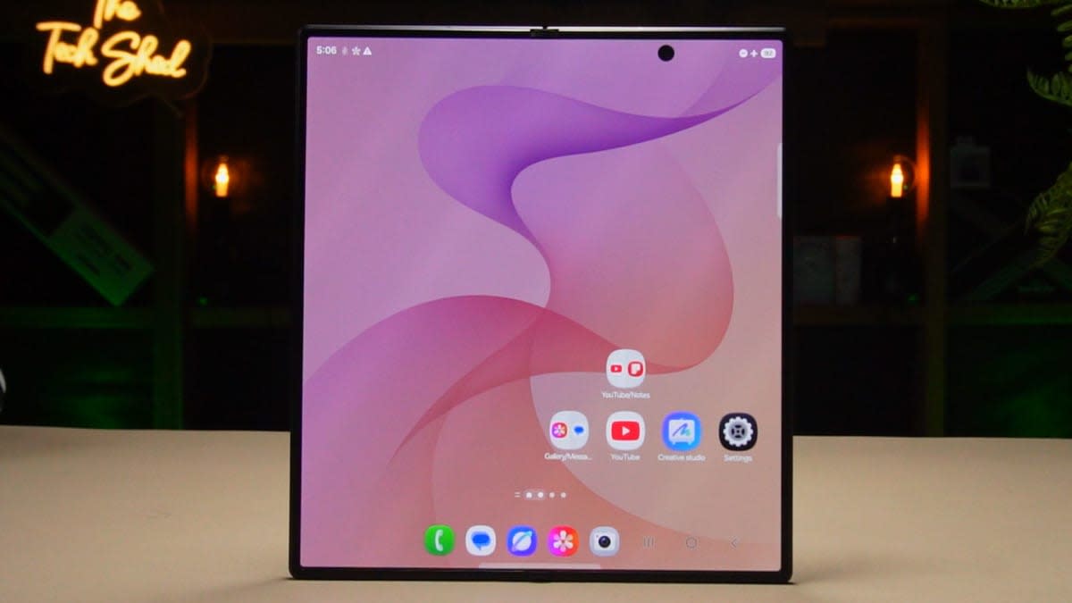Samsung Galaxy Z Fold8 Ultra unfolded on a desk in The Tech Shed studio