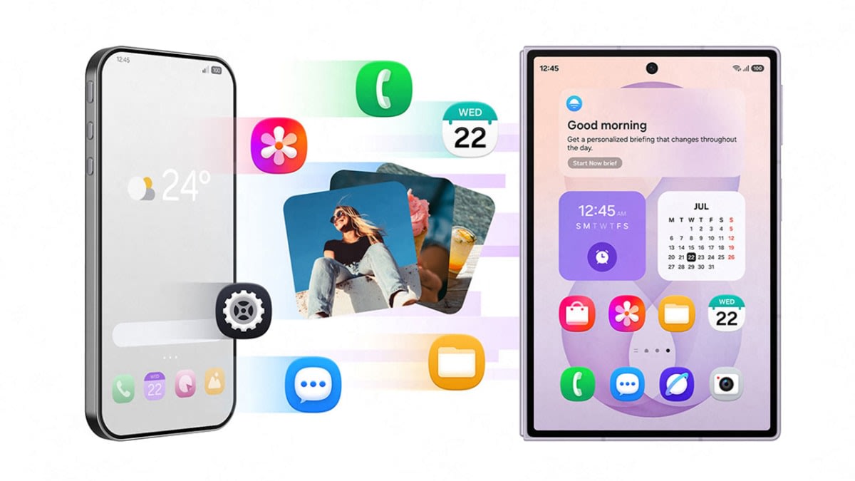 App icons, photos and widgets transferring from a non-Samsung phone to an unfolded Galaxy foldable showing the Now Brief home screen