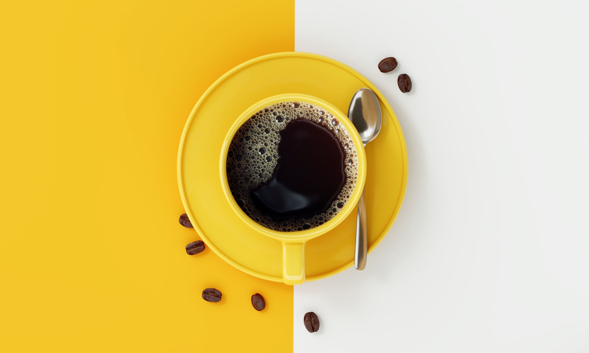 Top,View,Of,Coffee,Cup,On,Yellow,And,White,Background. Top,View,Of,Coffee,Cup,On,Yellow,And,White,Background.