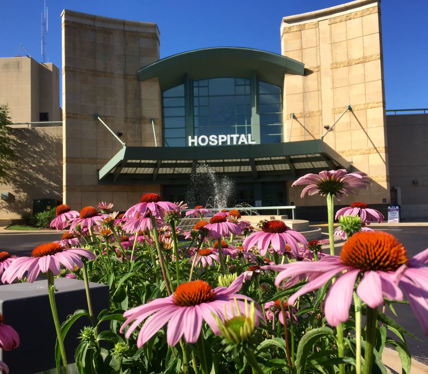 Flowers in front of the main entrance to Swedish American Hospital