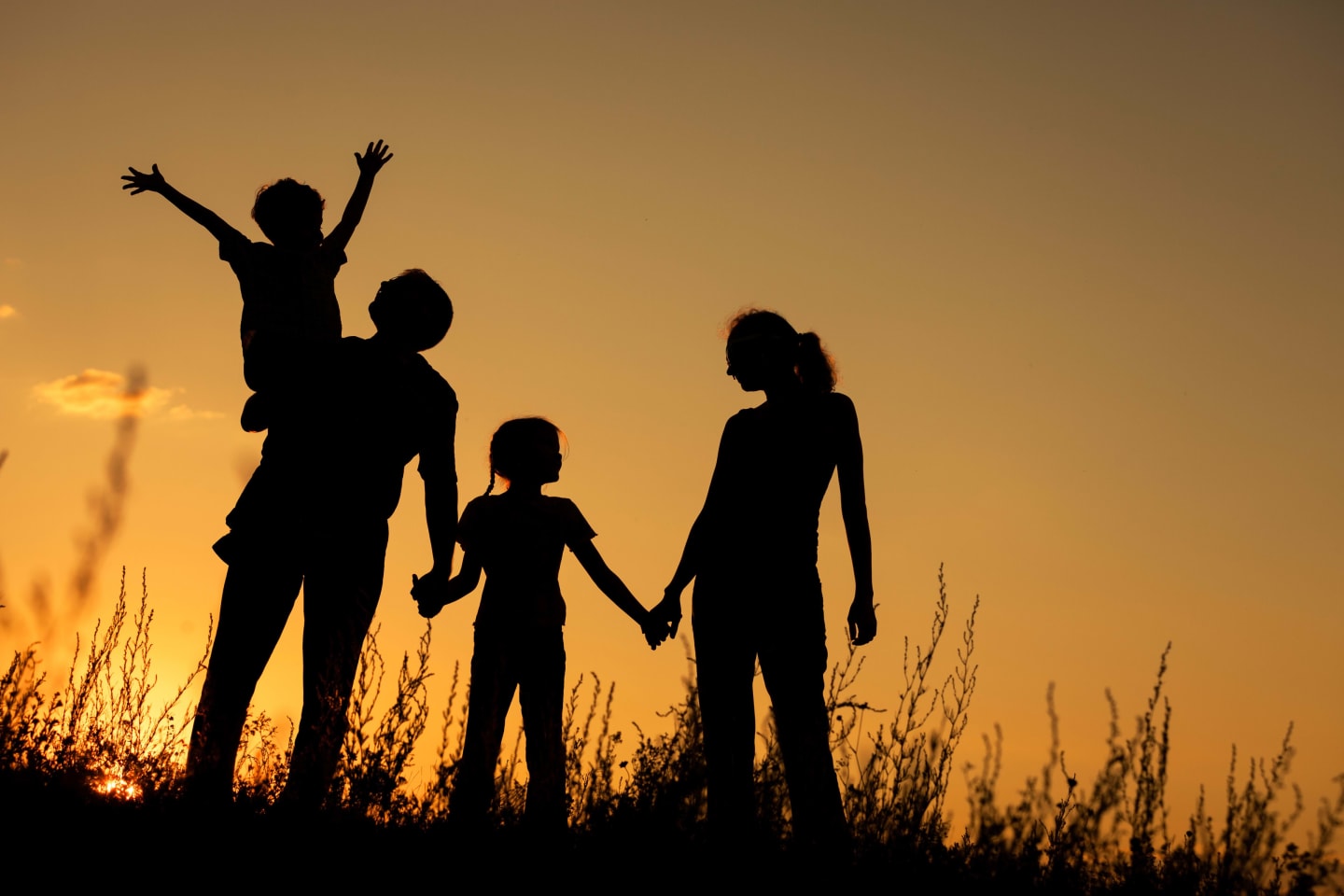 A silhouette of a family outside at dusk