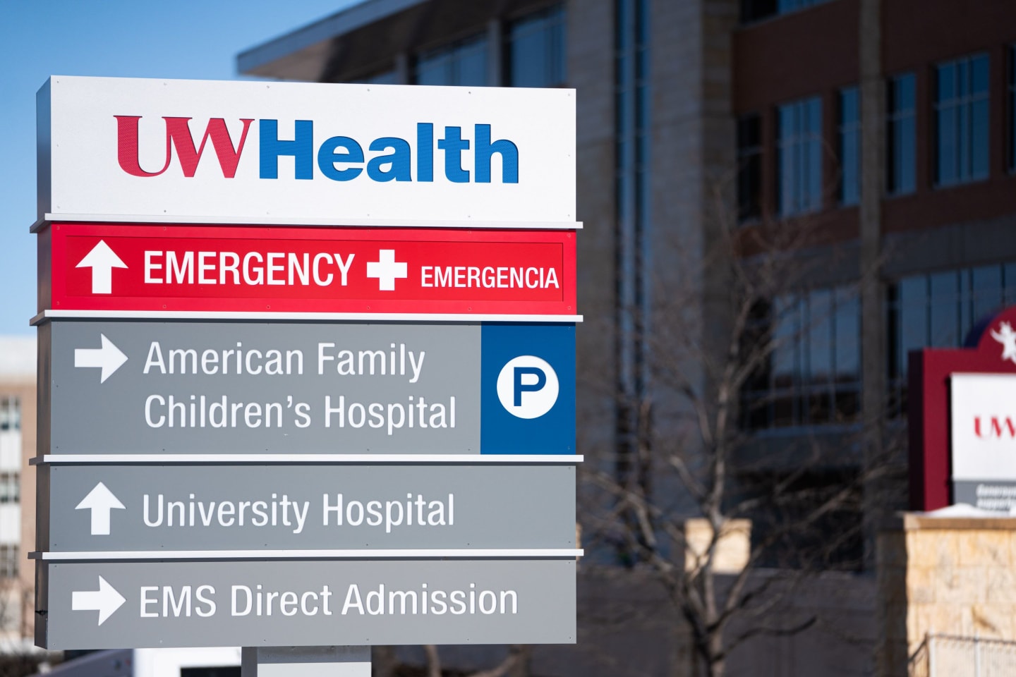 Directional signage outside American Family Children's Hospital