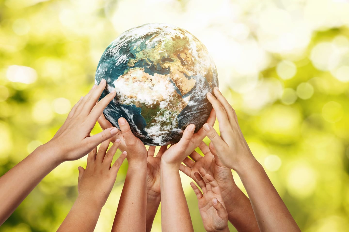 Hands holding up a ball that looks like the earth